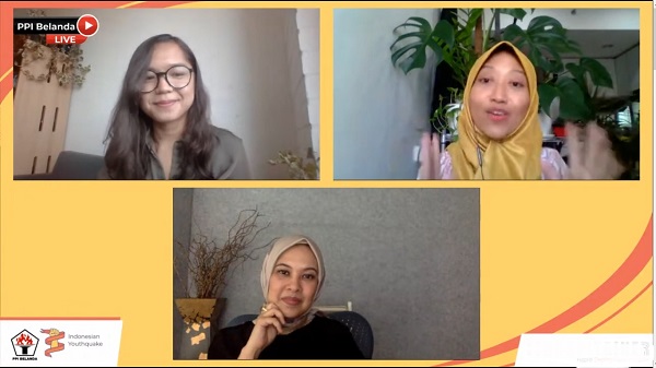 Founder of Sekolah dan Kampus Guru Cikal, Najelaa Shihab, Co-Founder SabangMerauke sekaligus Staf Khusus Presiden RI, Ayu Kartika Dewi dan Master Candidate of Sustainable Development Diplomacy, Wageningen University, Citra T.R. Siagian (Moderator) saar webinar Next Education Syatem: Think Globally, Act Locally dari rangkaian Indonesian Youthquake 2020 yang dihelat PPI Belanda pada Sabtu, 8 Agustus 2020