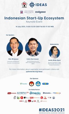 Sesi keynote event Indonesian Digital Elevation Symposium (IDEAS) 2021 dengan tema “Indonesian Start-up Ecosystem” yang diselenggarakan oleh Persatuan Pelajar Indonesia (PPI) Belanda pada Rabu, 14 Juli 2021 