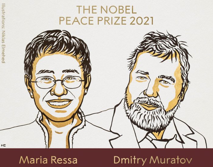 Maria Ressa dan Dmitry Muratov, peraih Nobel Perdamaian 2021. (KalderaNews.com/@NobelPrize)
