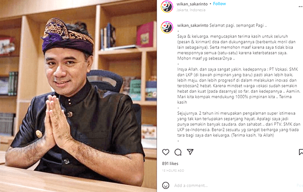 Postingan Wikan Sakarinto di akun Instagramnya. (kalderanews.com/@wikan_sakarinto)