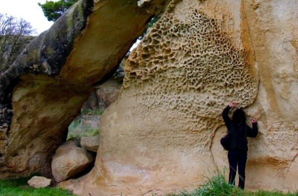 Pelapukan sarang lebah di batuan kapur limestone di Anatini New Zealand. (KalderaNews/IG @whitestonegeopark)
