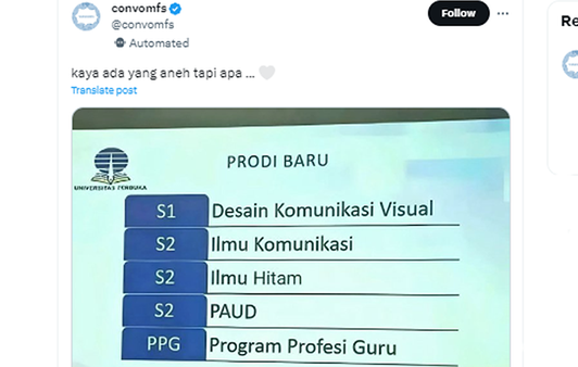 Tangkapan layar unggahan yang memuat prodi baru S2 Ilmu Hitam di Universitas Terbuka(X @convomfs)