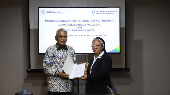 Penandatanganan kerjasama Yayasan Tarakanita dan Universitas Prasetya Mulya dilaksanakan di Kampus UPM BSD, Tangerang pada Selasa, 31 Oktober 2023