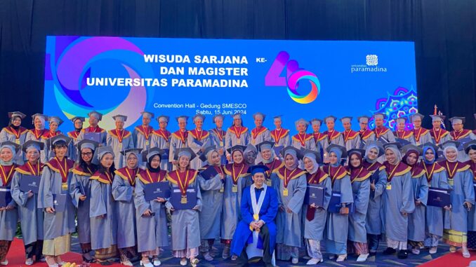 Para wisudawan Program Studi Magister Ilmu Komunikasi (MIK) usai acara Prosesi Wisuda Universitas Paramadina ke-40 yang berlangsung di Convention Hall - Gedung SMESCO Jakarta, Sabtu, 15 Juni 2024